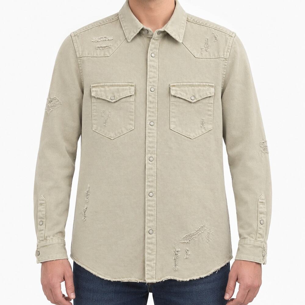 Zara Denim Jacket Men L Beige Long Sleeve Relaxed Fit Metal Button Pockets *flaw